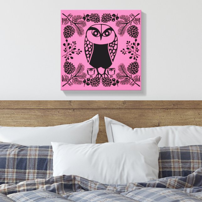 Folk Art Owl Prints Leinwanddruck (Insitu (Schlafzimmer))