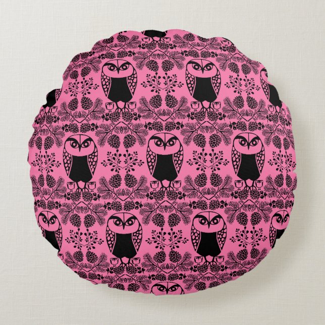 Folk Art Owl Prints Rundes Kissen (Vorderseite)