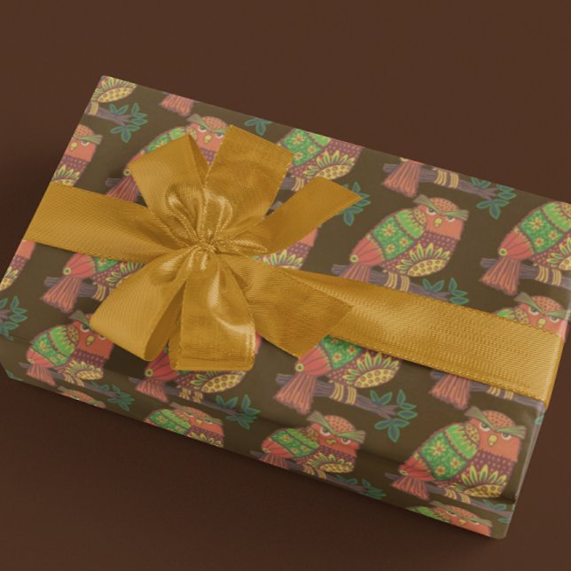 Folk Art Owls on Branches Jeder Anlass Geschenkpapier (Von Creator hochgeladen)