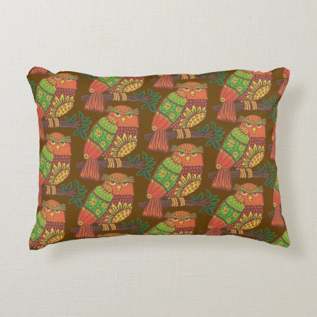 Folk Art Owls on Branches Kinder Dekokissen (Vorderseite)