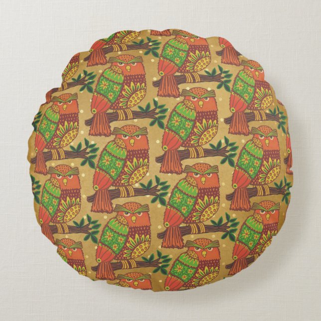 Folk Art Owls on Branches Kinder Rundes Kissen (Vorderseite)
