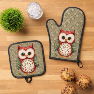 Folk Art Patchwork Eule Cottagecore Ofenhandschuh & Topflappen-Set