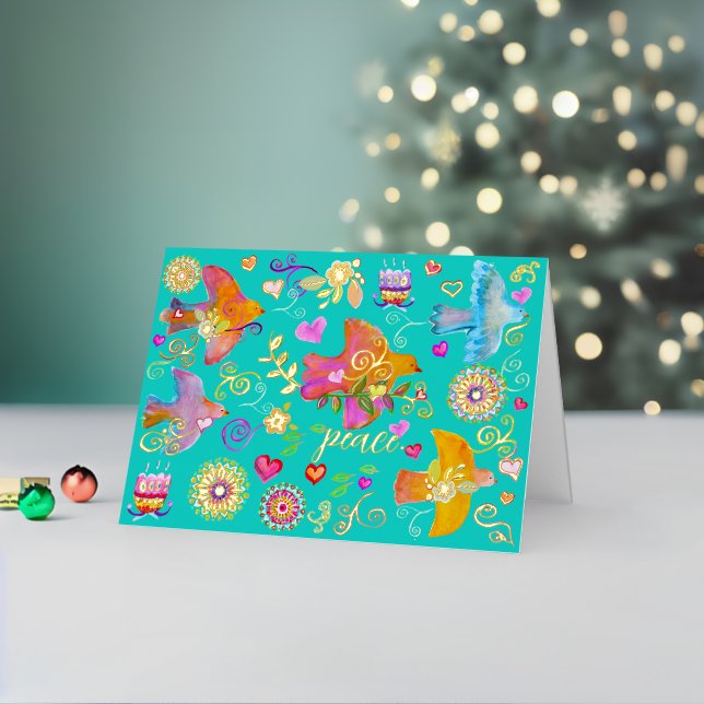 Folk Art Peace Doves Folded Foil Holiday Card (Feiertag In Situ 2)
