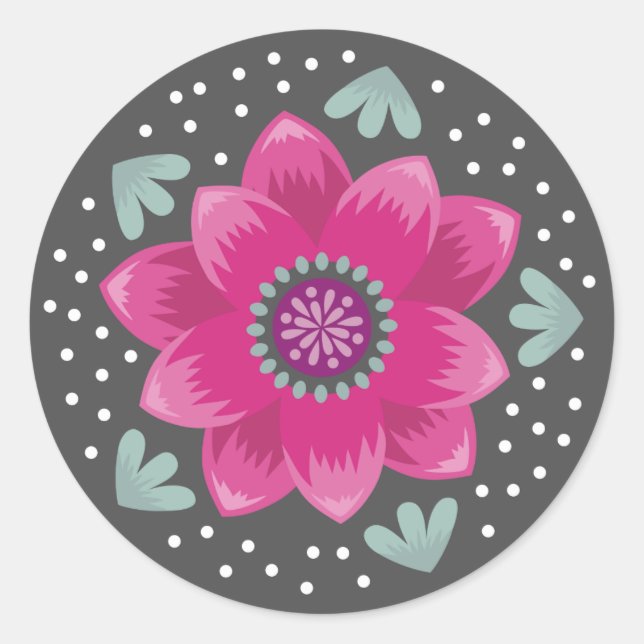 Folk Art Pink Blume Runder Aufkleber (Vorderseite)