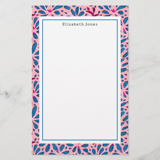 Folk Art Pink und Blue Floral Briefpapier (Vorderseite)