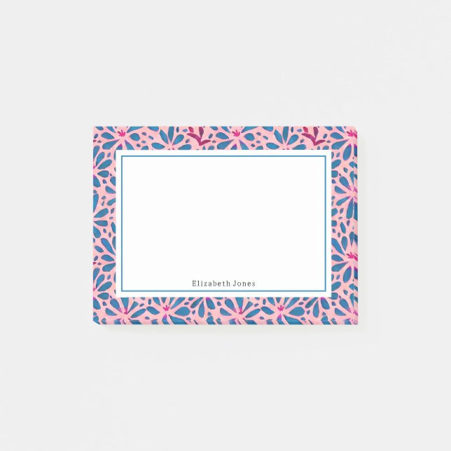 Folk Art Pink und Blue Floral Post-it Notes Post-it Klebezettel (Vorderseite)