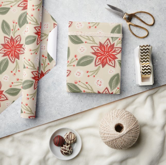 Folk Art Poinsettia Rustikale Weihnachtsferien Geschenkpapier (Kunsthandwerk)