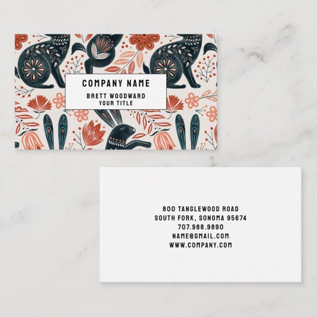 Folk Art Rabbit Florals Business Card Visitenkarte (Vorne/Hinten)