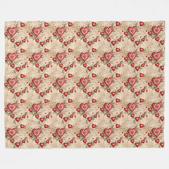 Folk Art Red Hearts Fleecedecke (Vorderseite (Horizontal))