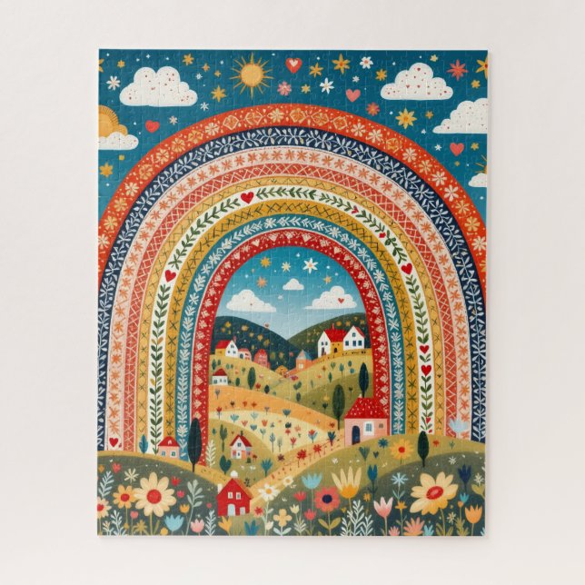 Folk-Art-Regenbogen-Dorf-Puzzle Puzzle (Vertikal)