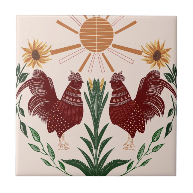 Folk Art Rooster Sunshine Symmetrisches Design Fliese (Vorderseite)