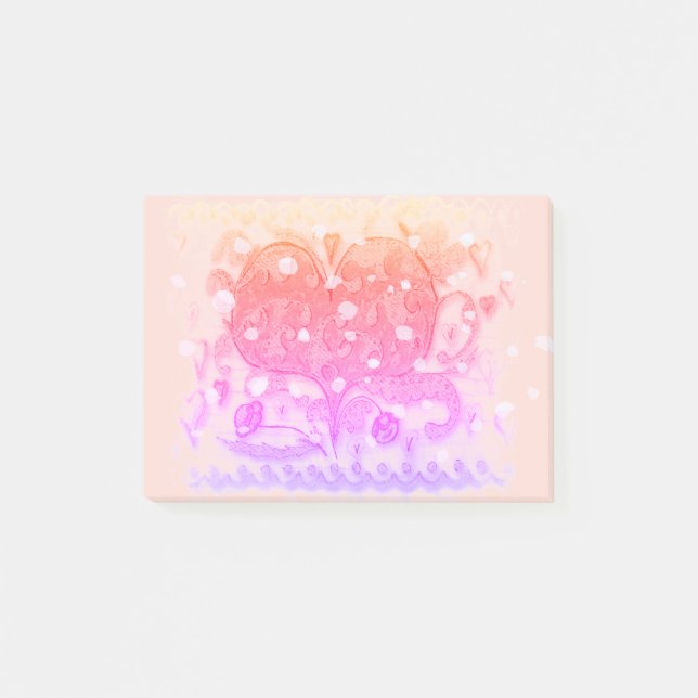 Folk Art Rosemaling Rosa Herz & Blätter, Blume Post-it Klebezettel (Vorderseite)