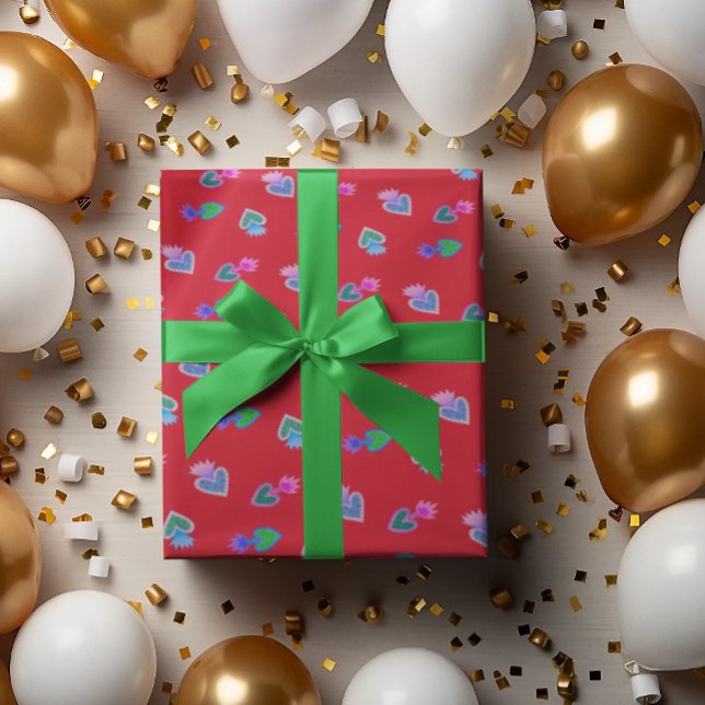 Folk Art Sacred Heart Red Wrapping Paper Geschenkpapier (Sacred Hearts of Mary on a red background are beautiful for Christmas!)