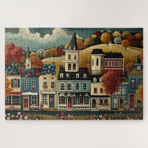 Folk Art Small Town Street im Herbst Puzzle