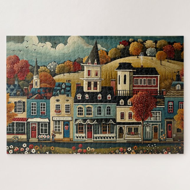 Folk Art Small Town Street im Herbst Puzzle (Horizontal)