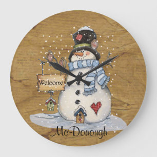 Folk Art Snowman in der Altzeitung Große Wanduhr