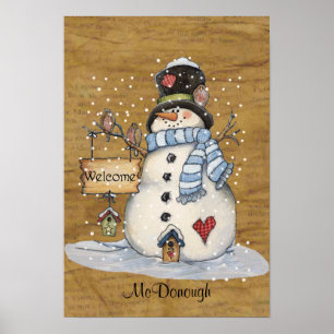 Folk Art Snowman in der Altzeitung Poster
