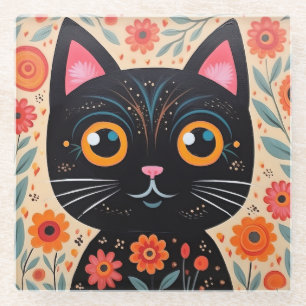 Folk Art Style Black Cat Glasuntersetzer