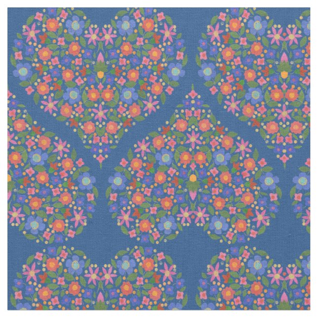 Folk Art Style Blumenherz auf Blue Custom Fabric Stoff (Nahaufnahme)