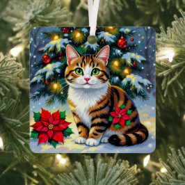 Folk Art Tabby Cat and Custom Message Christmas Ornament Aus Metall