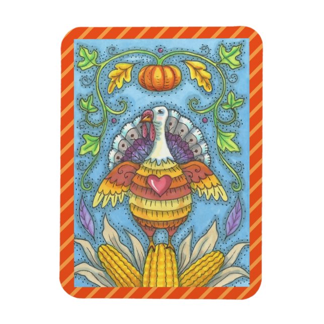 FOLK ART TURKEY & CORN ERNTEDANK MAGNET Urlaub (Vertikal)