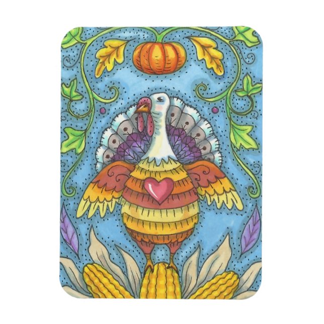 FOLK ART TURKEY & CORN ERNTEDANK MAGNET Urlaub (Vertikal)