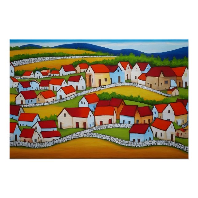 Folk Art Village mit Roten Dächern Poster (Vorderseite)