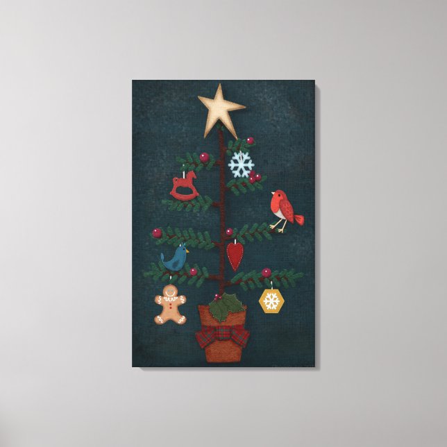 Folk Art Weihnachtsbaum mit Felt Look Ornamente Leinwanddruck (Vorderseite)