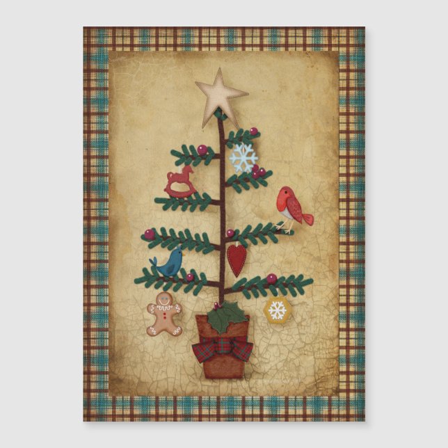 Folk Art Weihnachtsbaum mit Felt-Ornamenten Magnetkarte (Vorderseite)