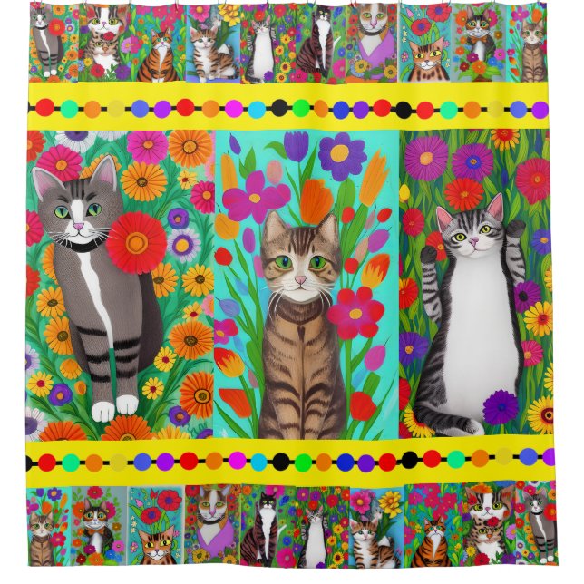 Folk Art Whimsical Style Cat und Blume Duschvorhang (Vorderseite)