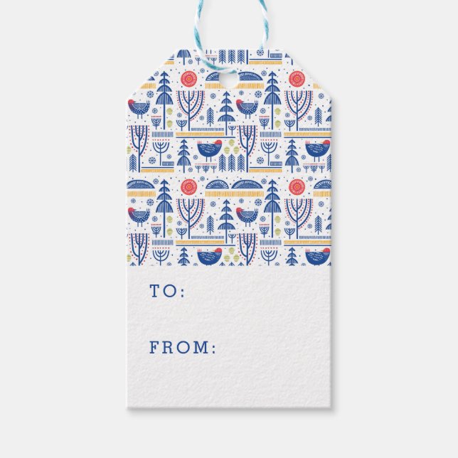 Folk Art Winter Bird Muster Geschenkanhänger (Vorderseite)