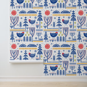 Folk Art Winter Bird Muster Tapete