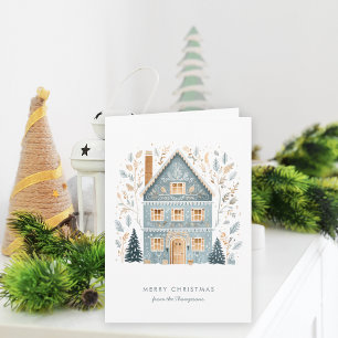 Folk Art Winter Blue House Frohe Weihnachten