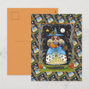 FOLK ART WITCH IN SPOOKY WOODS, SCHWARZ CAT & OWL FEIERTAGSPOSTKARTE