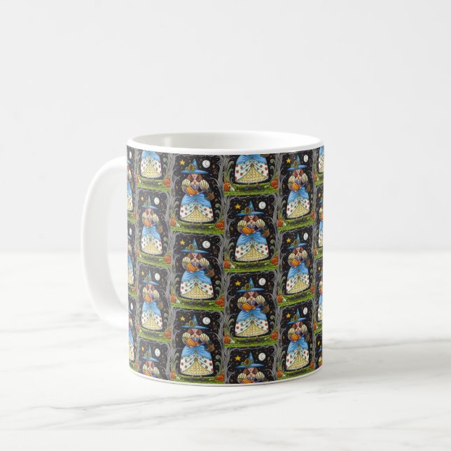 FOLK ART WITCH IN SPOOKY WOODS, SCHWARZ CAT & OWL KAFFEETASSE (Vorderseite Links)