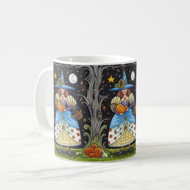 FOLK ART WITCH IN SPOOKY WOODS, SCHWARZ CAT & OWL KAFFEETASSE (Vorderseite Links)