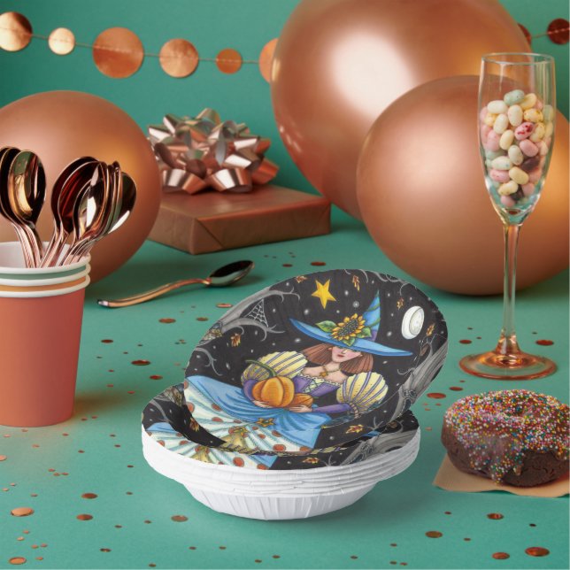 FOLK ART WITCH IN SPOOKY WOODS, SCHWARZ CAT & OWL PAPPTELLER (Multi)