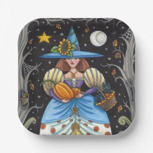 FOLK ART WITCH IN SPOOKY WOODS, SCHWARZ CAT & OWL PAPPTELLER