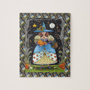 FOLK ART WITCH IN SPOOKY WOODS, SCHWARZ CAT & OWL PUZZLE