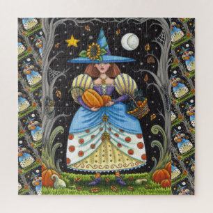 FOLK ART WITCH IN SPOOKY WOODS, SCHWARZ CAT & OWL PUZZLE