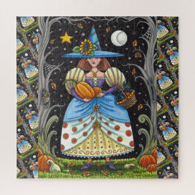 FOLK ART WITCH IN SPOOKY WOODS, SCHWARZ CAT & OWL PUZZLE (Vertikal)