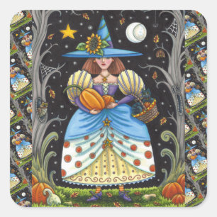 FOLK ART WITCH IN SPOOKY WOODS, SCHWARZ CAT & OWL QUADRATISCHER AUFKLEBER