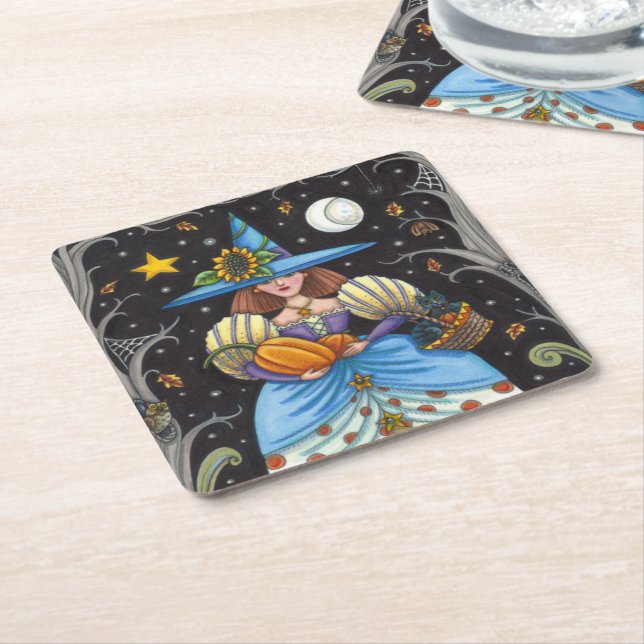 FOLK ART WITCH IN SPOOKY WOODS, SCHWARZ CAT & OWL RECHTECKIGER PAPPUNTERSETZER (angewinkelt)