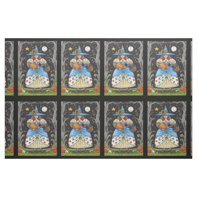 FOLK ART WITCH IN SPOOKY WOODS, SCHWARZ CAT & OWL STOFF (Fat Quarter (45,7 x 55,9 cm))
