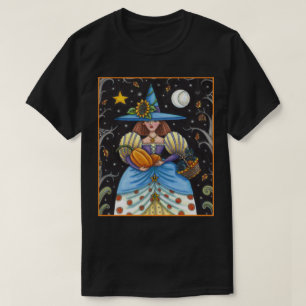 FOLK ART WITCH IN SPOOKY WOODS, SCHWARZ CAT & OWL T-Shirt