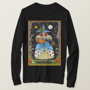 FOLK ART WITCH IN SPOOKY WOODS, SCHWARZ CAT & OWL T-Shirt