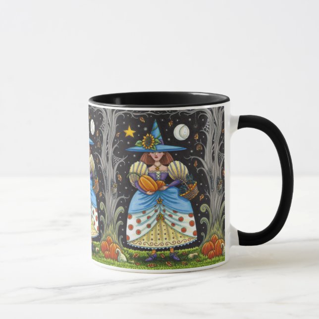 FOLK ART WITCH IN SPOOKY WOODS, SCHWARZ CAT & OWL TASSE (Rechts)