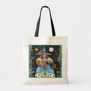 FOLK ART WITCH IN SPOOKY WOODS, SCHWARZ CAT & OWL TRAGETASCHE