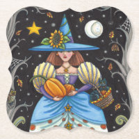 FOLK ART WITCH IN SPOOKY WOODS, SCHWARZ CAT & OWL