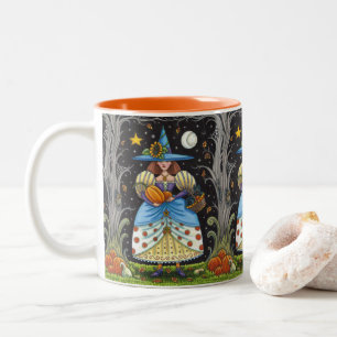 FOLK ART WITCH IN SPOOKY WOODS, SCHWARZ CAT & OWL ZWEIFARBIGE TASSE